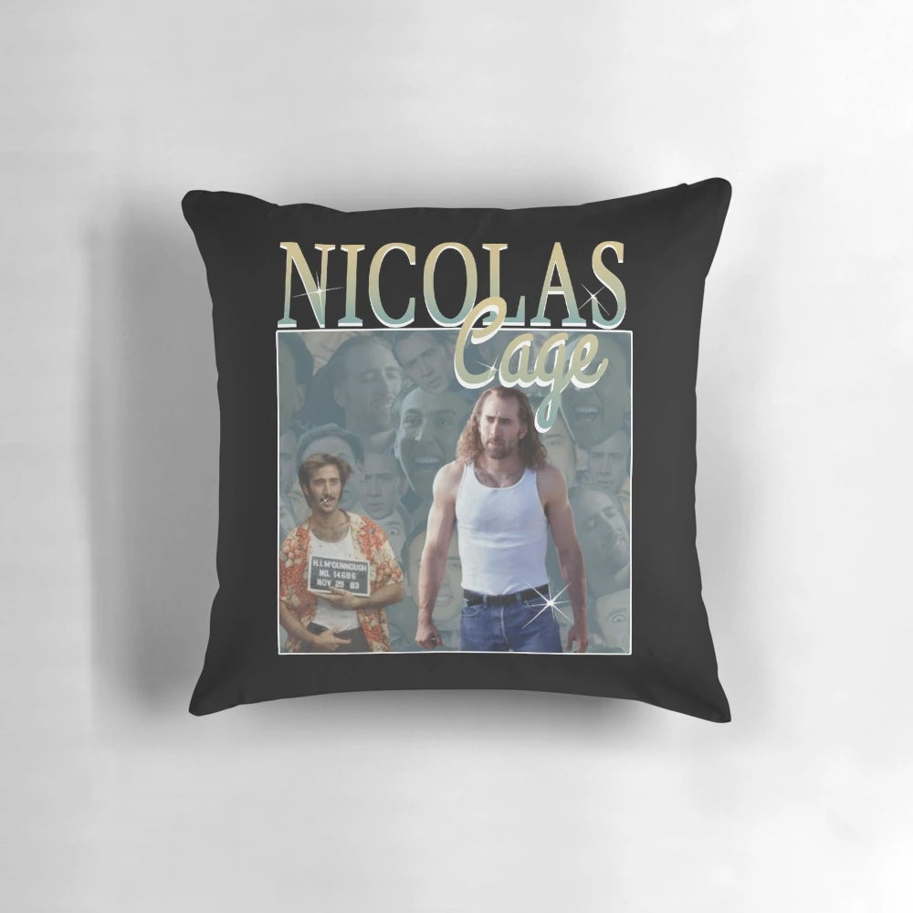 Vintage-style graphic of Nicolas Cage's face on a plush pillow