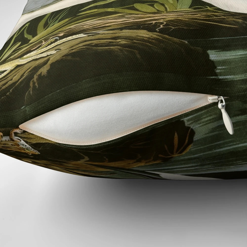 A vintage-inspired pillow featuring the Night Heron illustration from John James Audubon's "Birds of America" book.