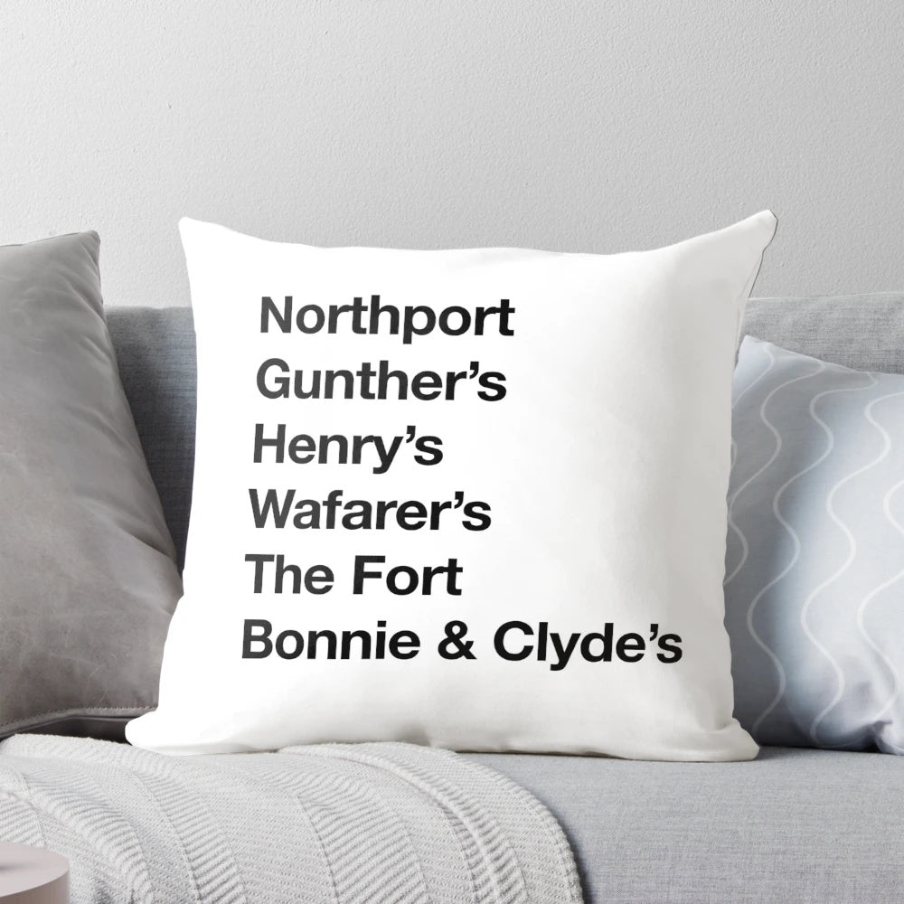 Vintage-inspired throw pillow featuring iconic Northport, New York pubs