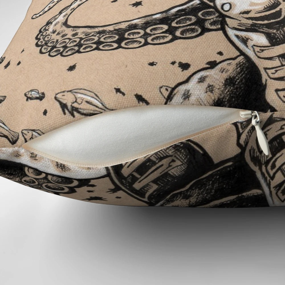 Vintage-style Danger Dive Pillow with an octopus and diver design, perfect for adding a touch of fantasy and nautical charm to any space.
