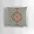 Vintage-inspired blue and red geometric pattern pillow inspired by traditional oriental rugs