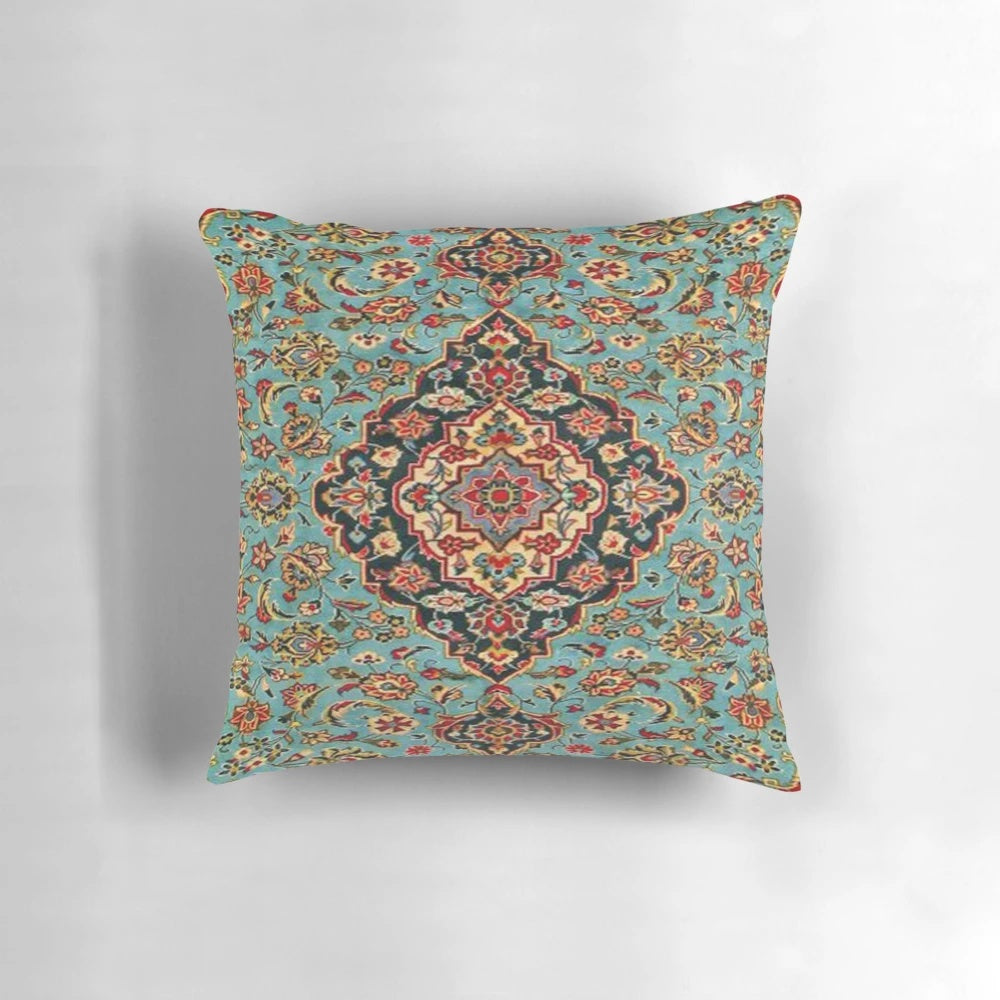 Vintage-inspired blue and red geometric pattern pillow inspired by traditional oriental rugs