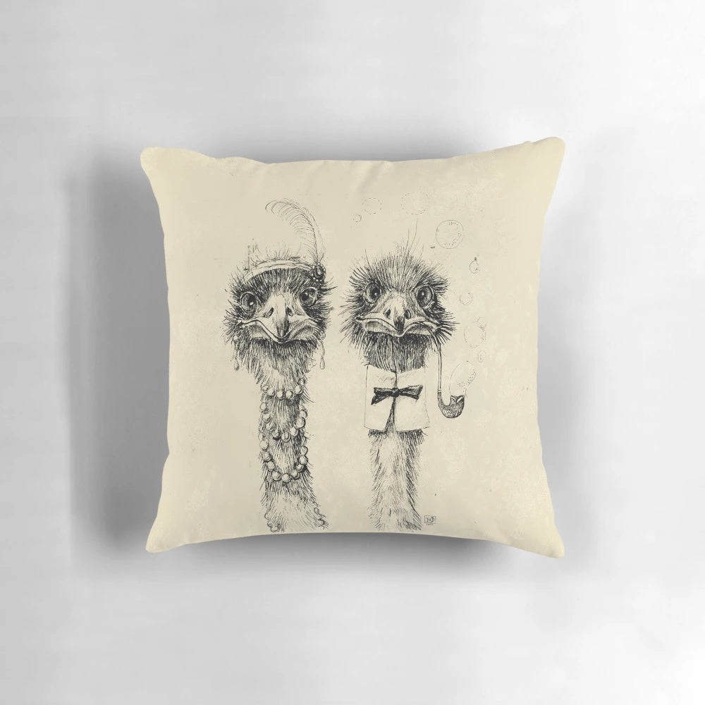 Illustration of a vintage-style ostrich couple on a decorative pillow