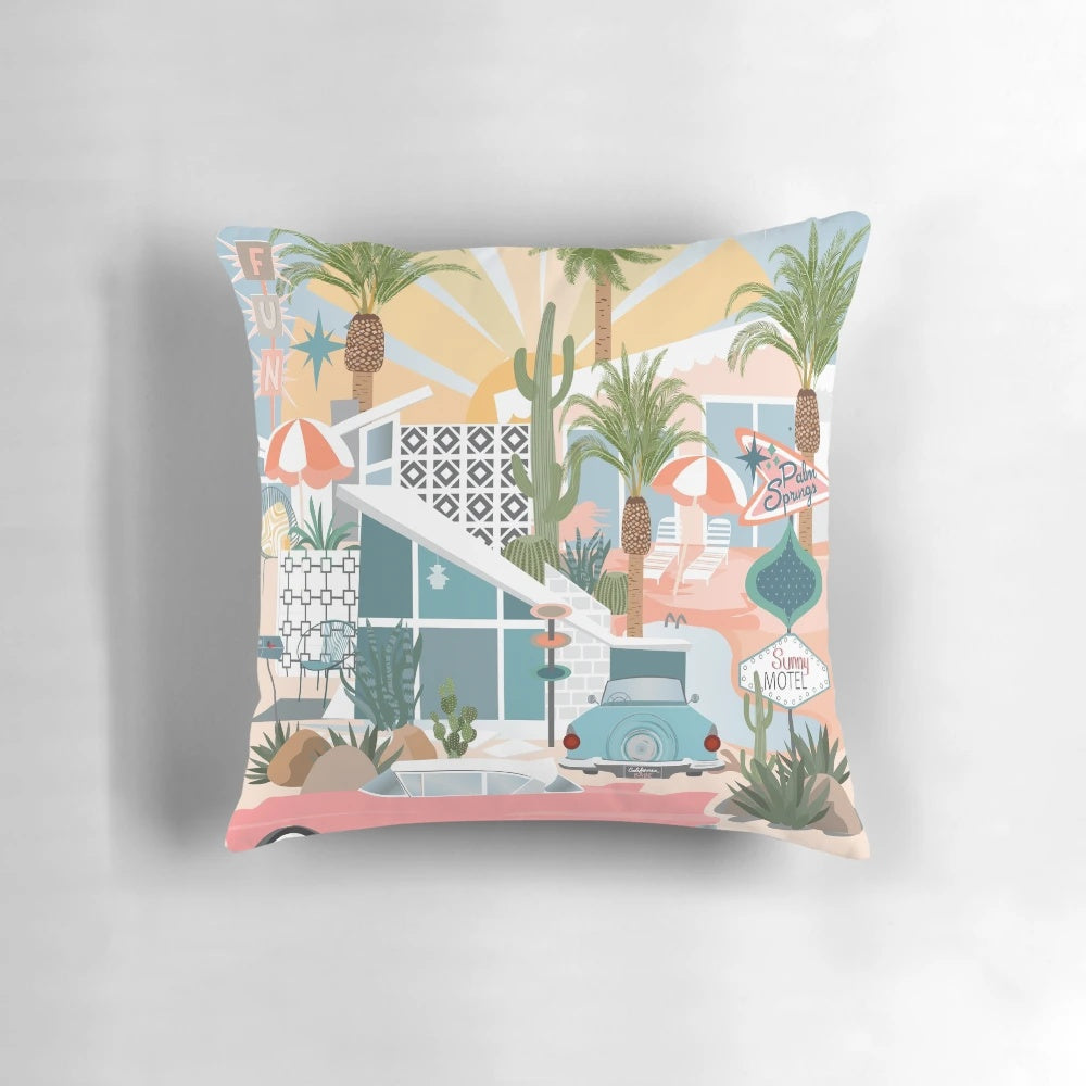 Vibrant mid-century modern throw pillow featuring palm trees, retro motel, and desert landscape of Palm Springs, California.