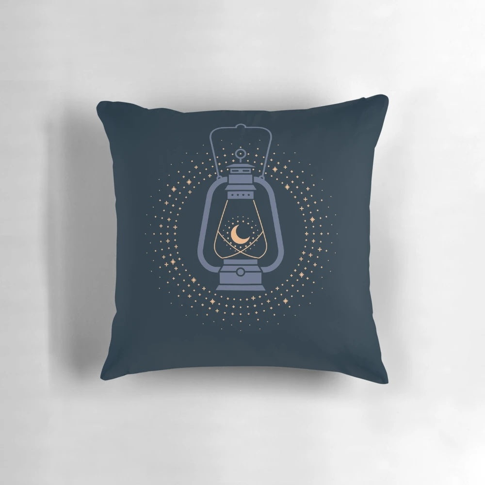 Vintage paper crane design on a navy blue pillow with a starry night sky
