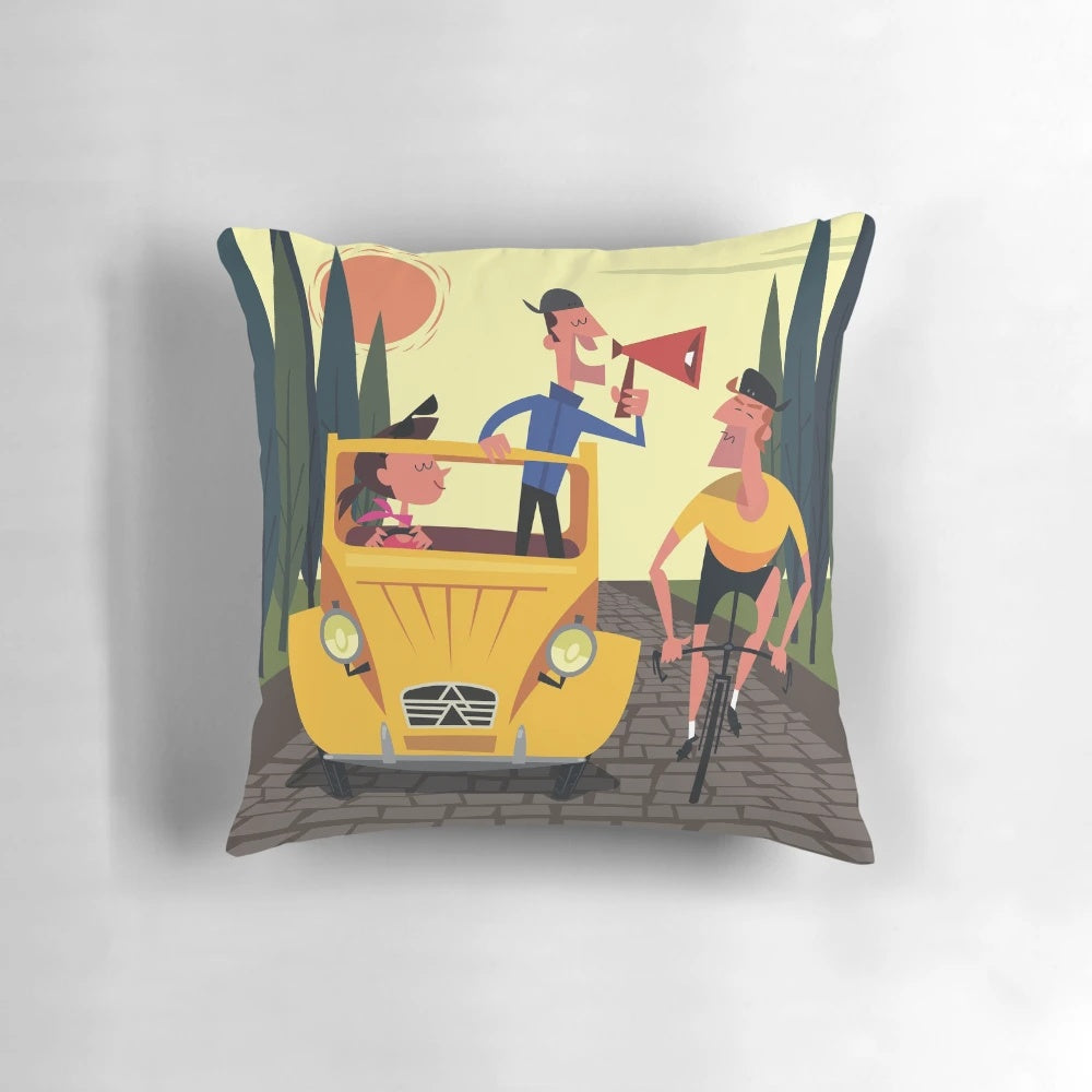 Vintage illustration of the Paris-Roubaix cycling race, printed on a comfortable throw pillow.