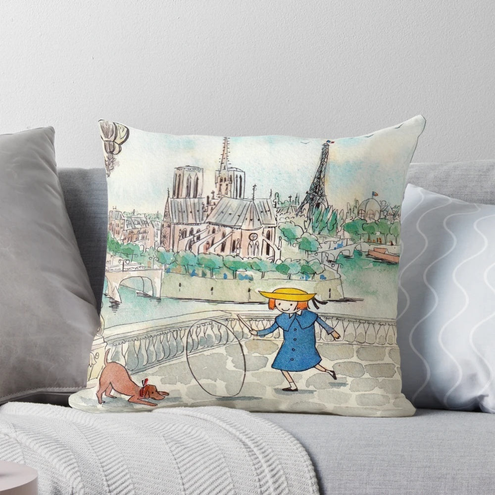 Vintage-style watercolor painting of the Notre Dame Cathedral and Eiffel Tower in Paris, printed on a decorative throw pillow.
