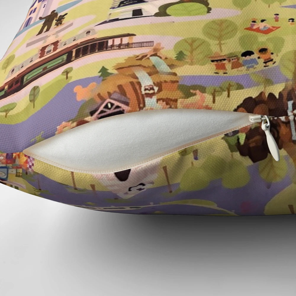Vintage-style throw pillow with a retro Disneyland park map design