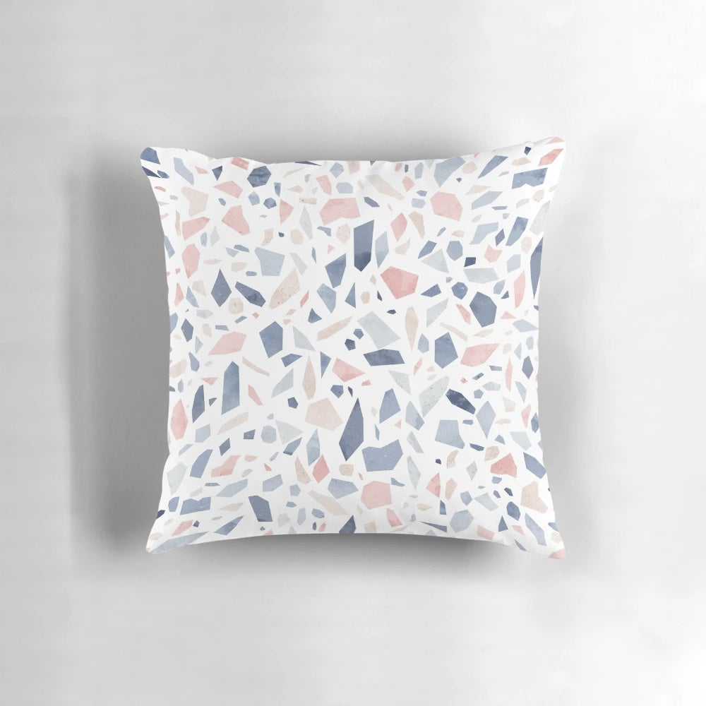 Vintage pastel blue, pink, and beige geometric terrazzo pattern pillow
