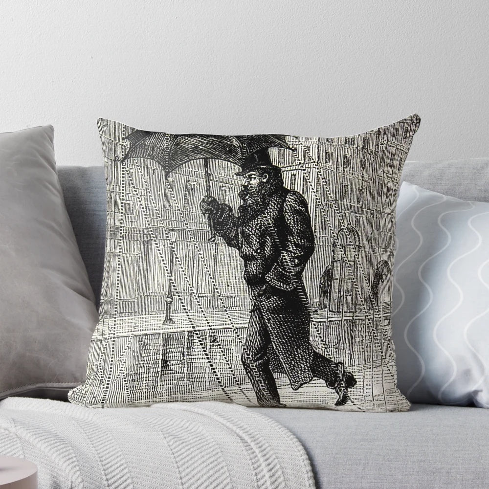Vintage historic image of a street scene from 1882, featuring a man walking in the rain - a nostalgic, high-quality pillow design