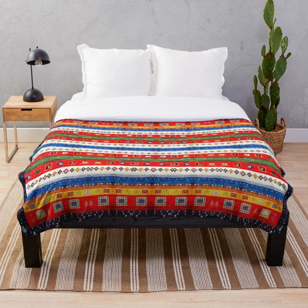 Vintage plush blanket with bohemian Moroccan inspired artwork