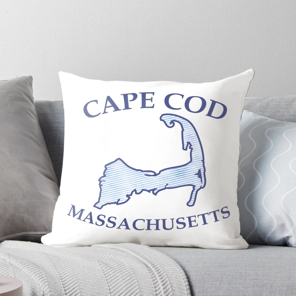Vintage preppy decorative pillow featuring a watercolor map of Cape Cod, Massachusetts in shades of blue and white.