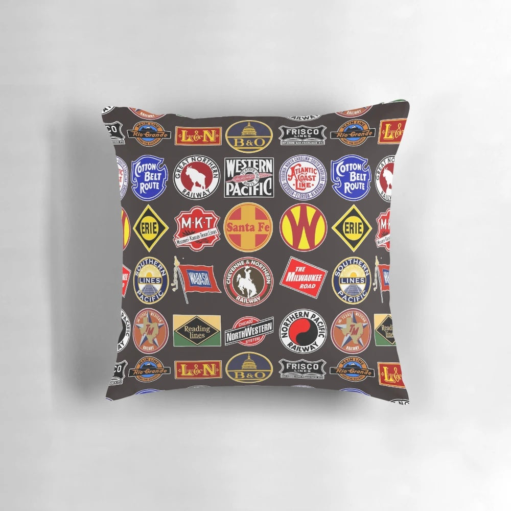 Vintage railroad logos pillow, featuring defunct train company designs