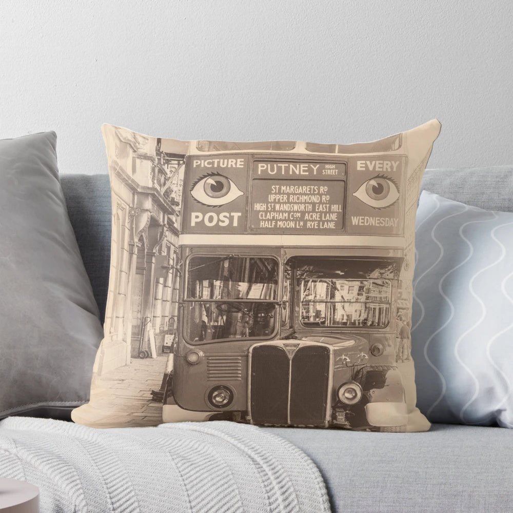 Vintage red London bus pillow with a classic design for home decor