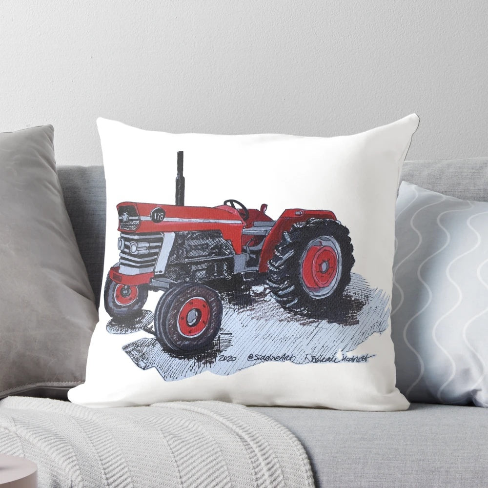 Vintage red tractor pillow with black and steel details, featuring a classic tractor sketch design.