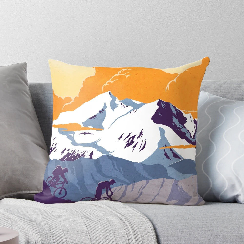 Vintage retro cycling poster pillow with "Live to Ride, Ride to Live" slogan and mountain bike silhouette illustration.
