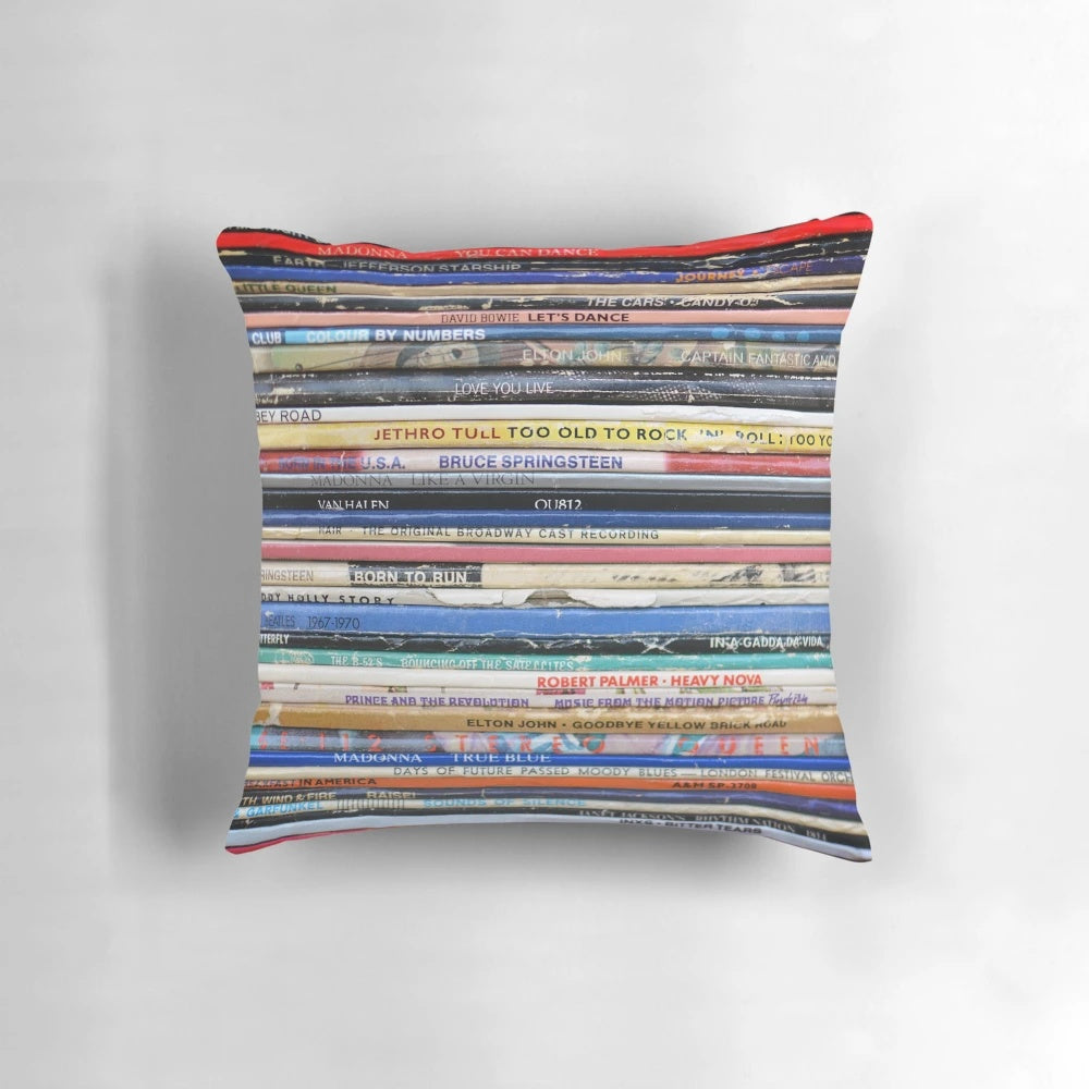 Vintage retro record album spine pillow featuring colorful album covers for music enthusiasts