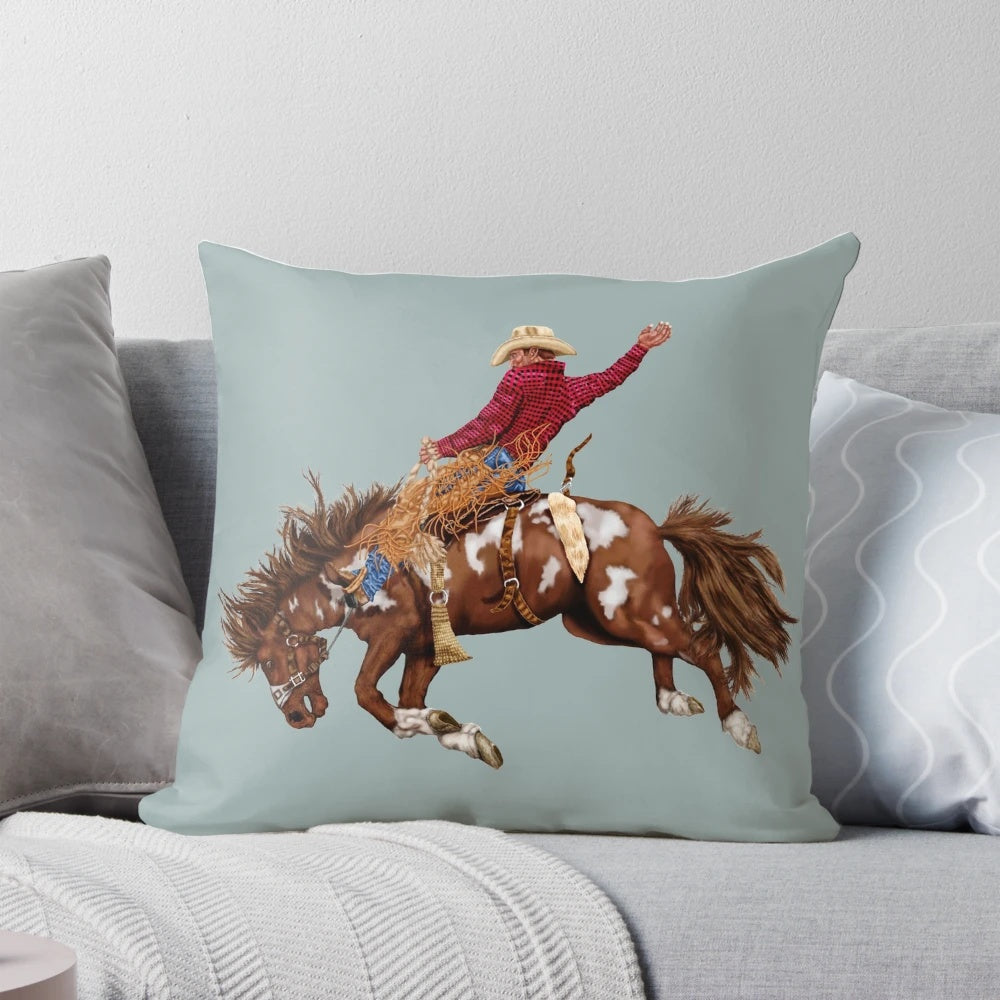 Vintage-style rodeo cowboy accent pillow with brown and white horse design