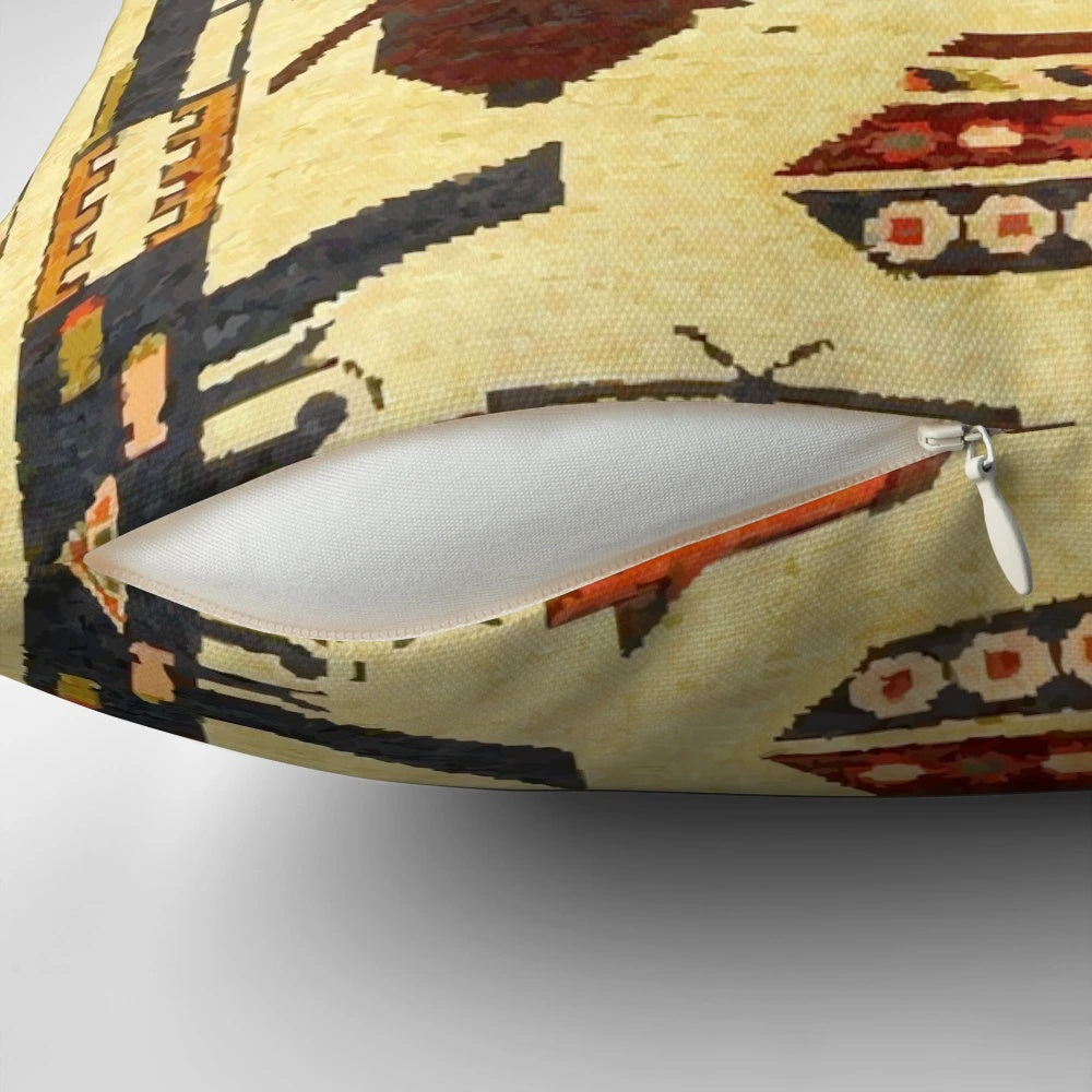 Vintage-inspired bohemian pillow with a colorful Afghan war rug pattern