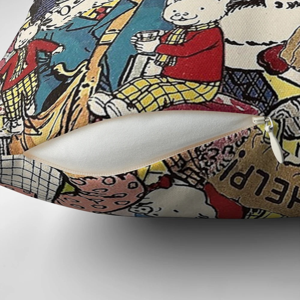 Vintage Rupert Bear Collage Pillow featuring beloved characters from the classic British cartoon