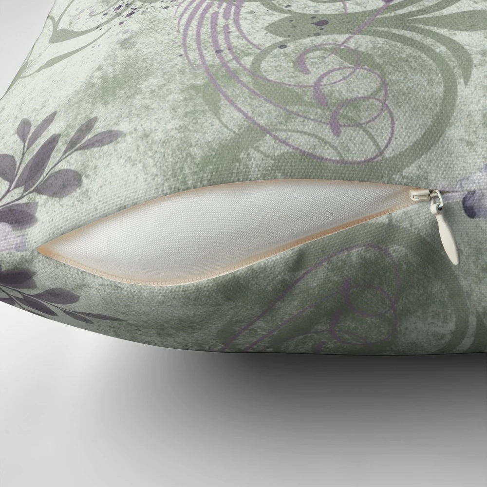 Vintage-style sage and lavender floral pattern throw pillow for calming home decor