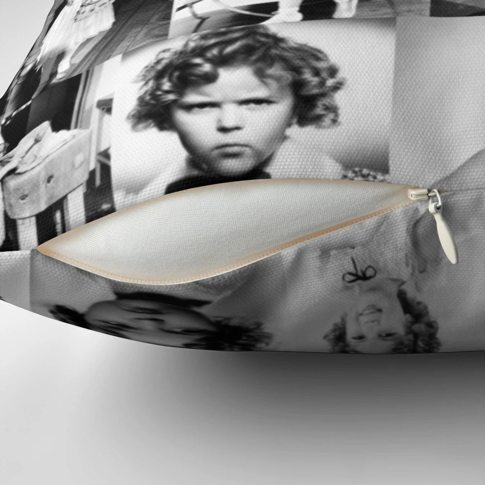 Vintage collage pillow featuring black and white photographs of iconic 1930s child star Shirley Temple
