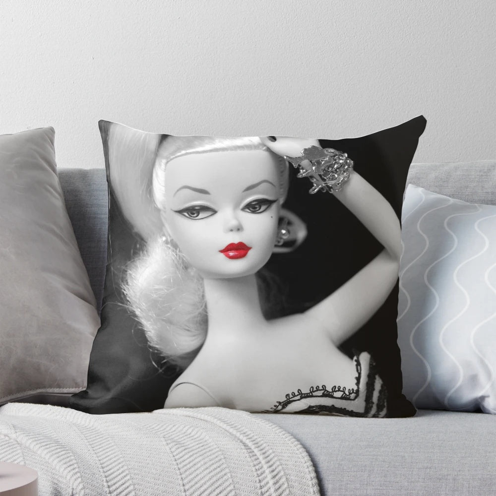 Vintage Silkstone Barbie Doll Pillow with Red Lipstick and Black and White Fashion