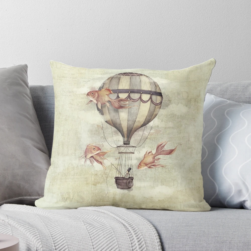 Vintage-inspired throw pillow featuring a fisherman in a hot air balloon, surrounded by fish and goldfish, in a retro, aquatic design.