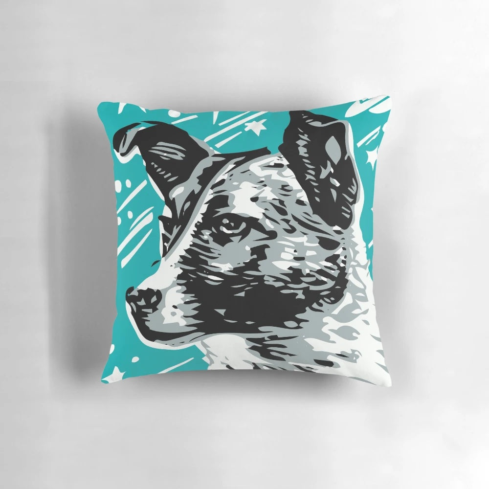 Vintage Soviet space poster featuring Laika the first space dog, restored and printed on a high-quality pillow.