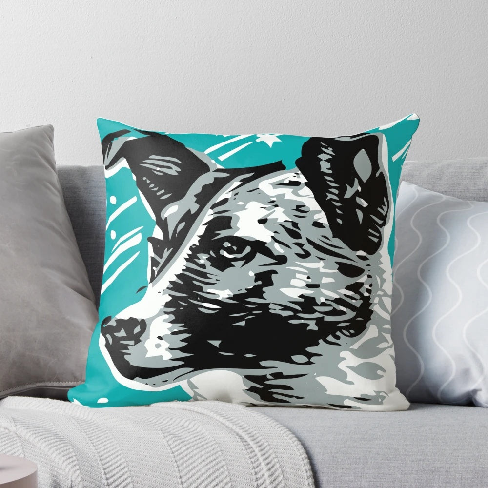 Vintage Soviet space poster featuring Laika the first space dog, restored and printed on a high-quality pillow.