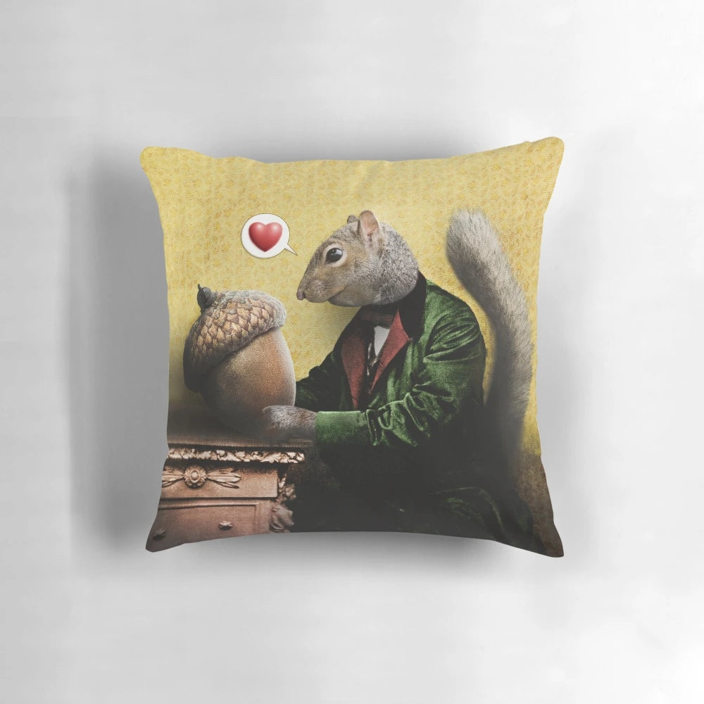 Vintage-style collage image of a cute squirrel hugging an acorn-shaped pillow
