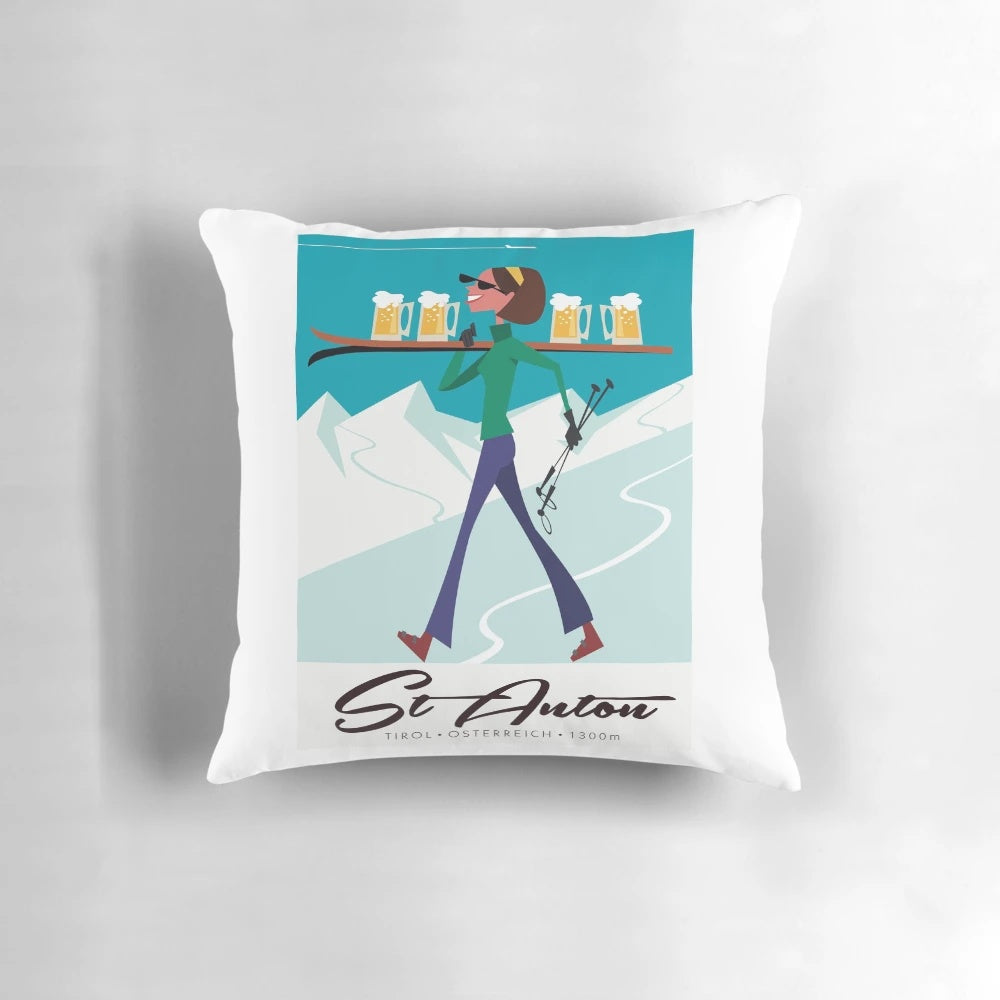 Cozy pillow featuring a retro-inspired ski poster design from St Anton, Austria.