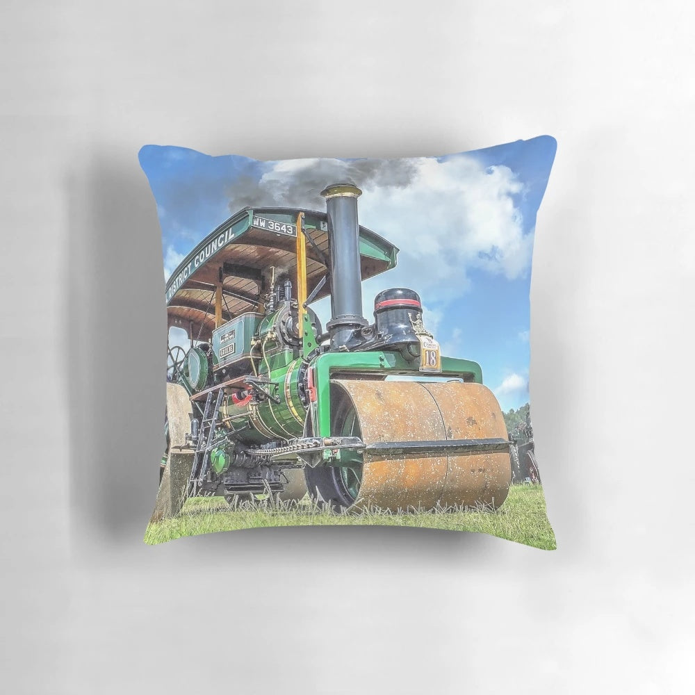 Vintage steam roller pillow with cast iron design and steam engine details