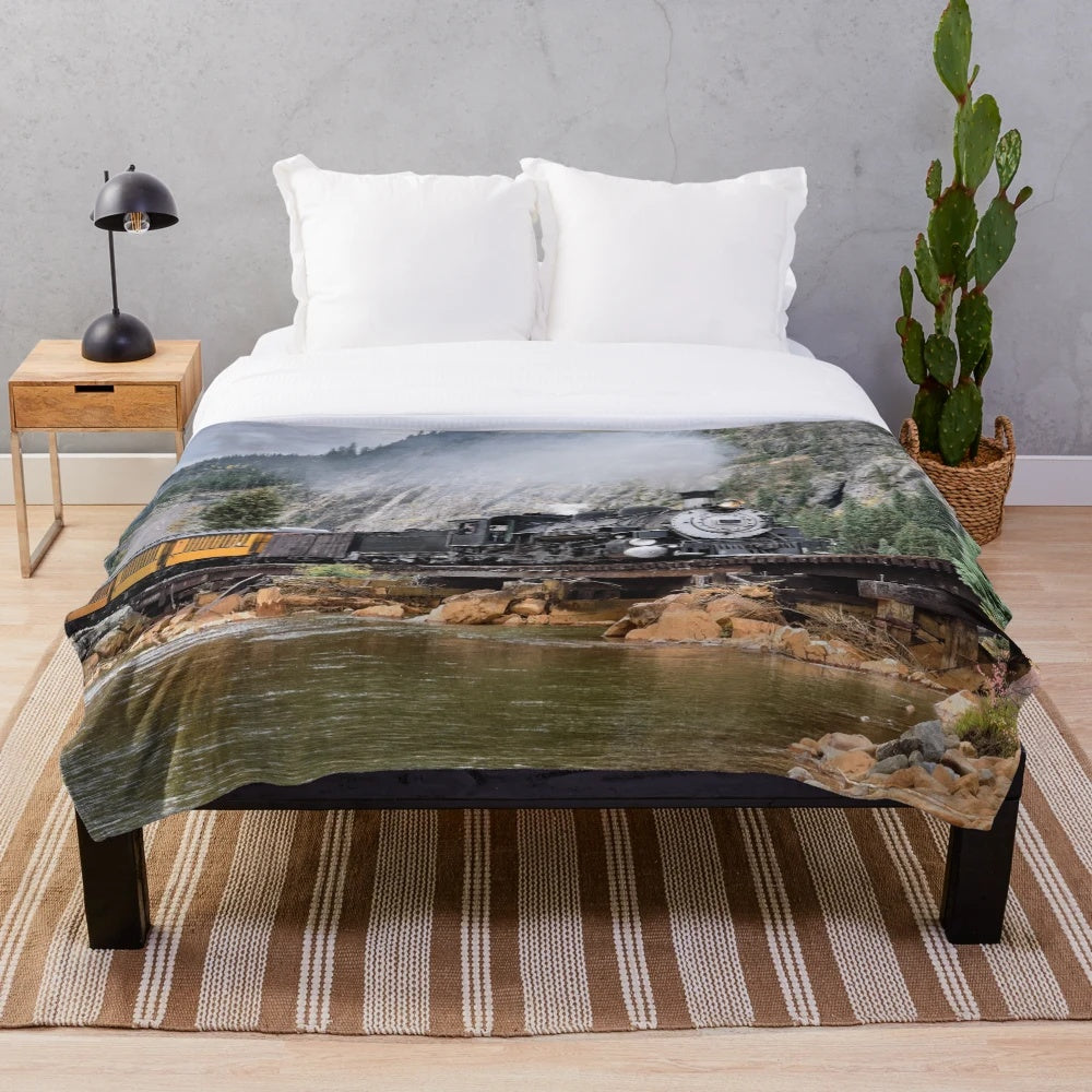Vintage steam train themed plush blanket featuring a mountain landscape design