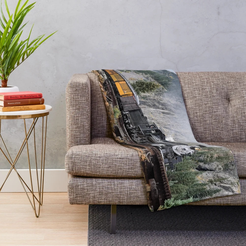 Vintage steam train themed plush blanket featuring a mountain landscape design