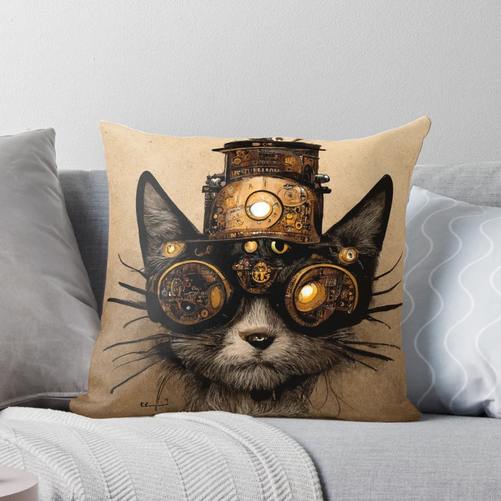 Vintage steampunk-inspired cat decorative pillow with a dieselpunk style