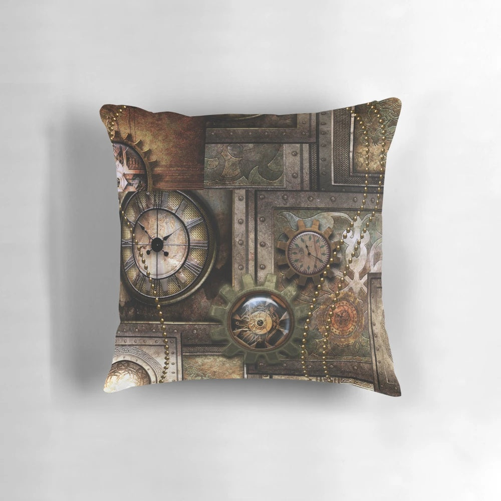 Vintage Steampunk-Inspired Clockwork Pillow with Gears and Metallic Details