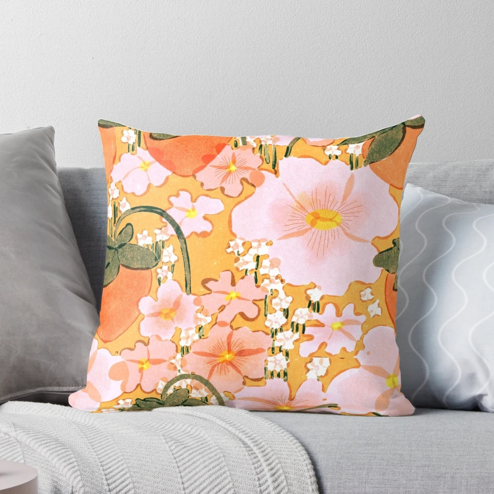 Vintage-inspired strawberry and floral pattern pillow for bohemian, retro, or botanical home decor