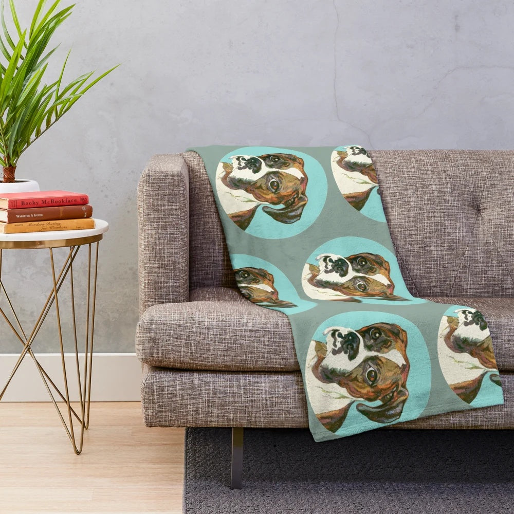 Vintage-style illustration of a boxer dog's eyes in a circular frame