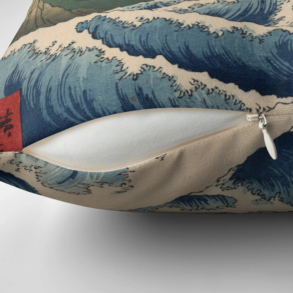 Vintage-style art print featuring Ando Hiroshige's famous ukiyo-e landscape painting "Sea at Satta in Suruga Province"