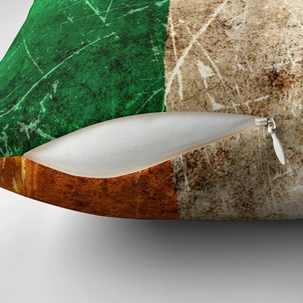Vintage-style distressed Irish flag printed on a throw pillow