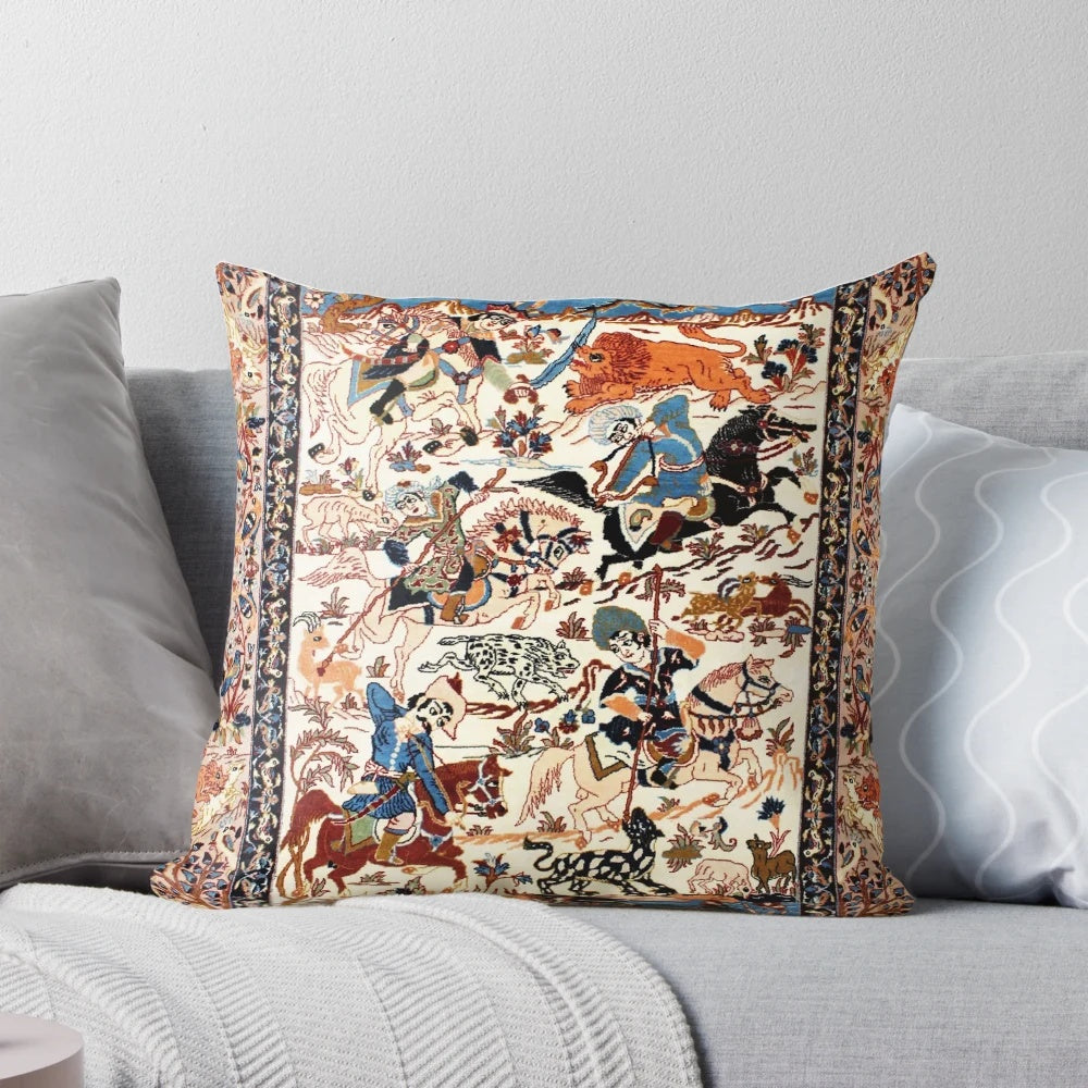 A decorative blue and white throw pillow featuring a vintage-inspired floral and animal print inspired by antique Persian rugs.