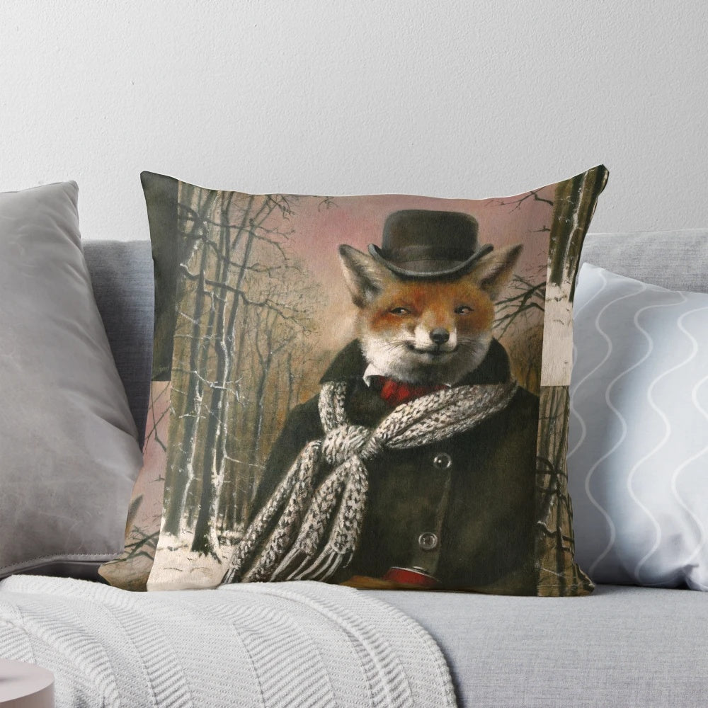 Vintage-style fox in a winter snow scene on a decorative accent pillow