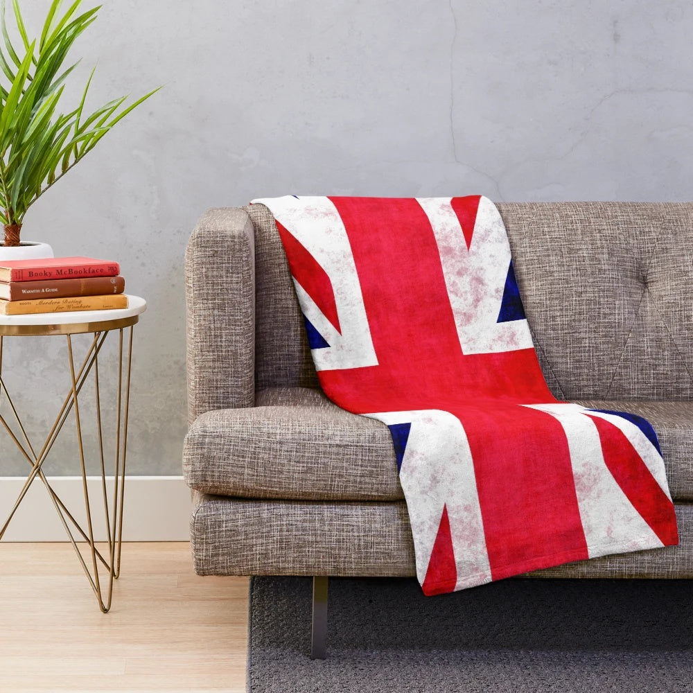 Large vintage-style plush blanket featuring the Union Jack flag of the United Kingdom