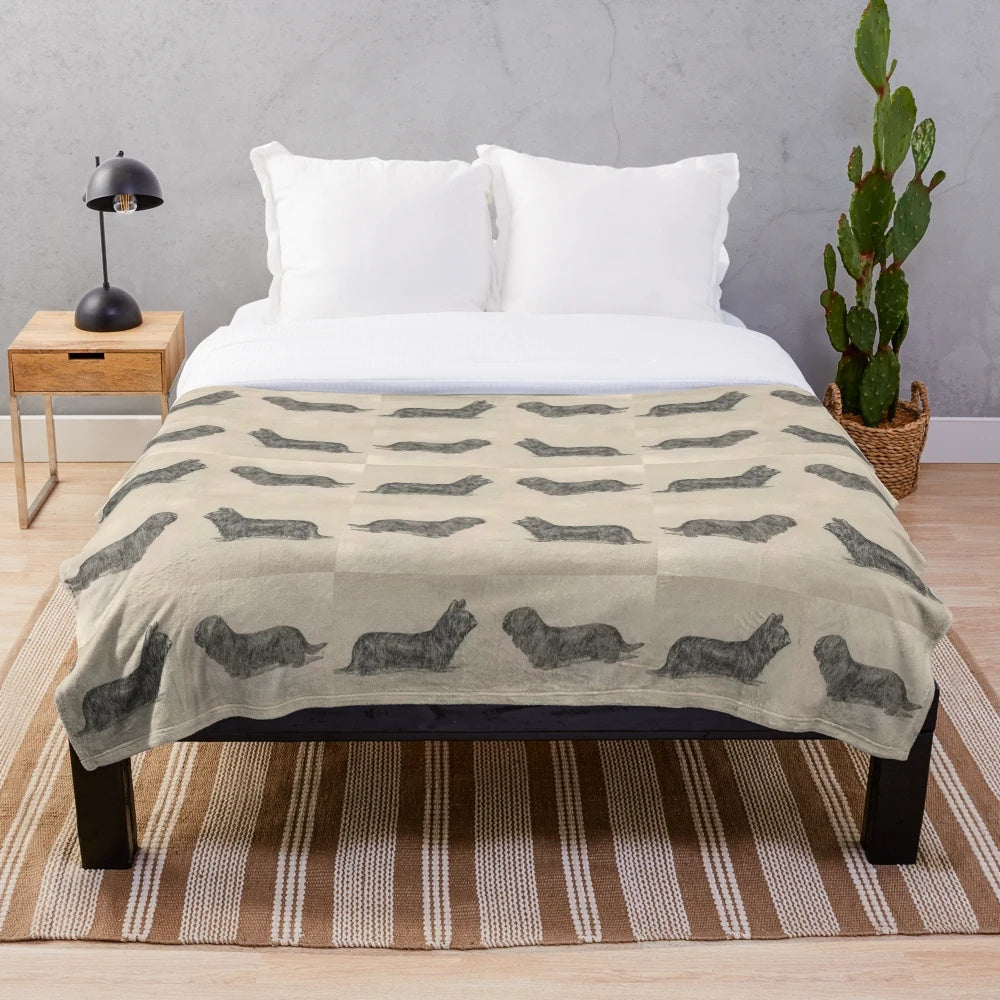 Vintage-style plush blanket featuring an image of a Skye Terrier dog