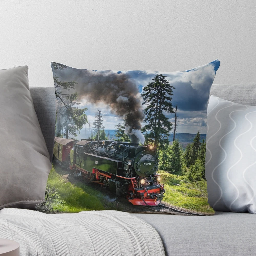 Vintage-style pillow featuring a steam locomotive from the Harz narrow gauge railways in Germany.