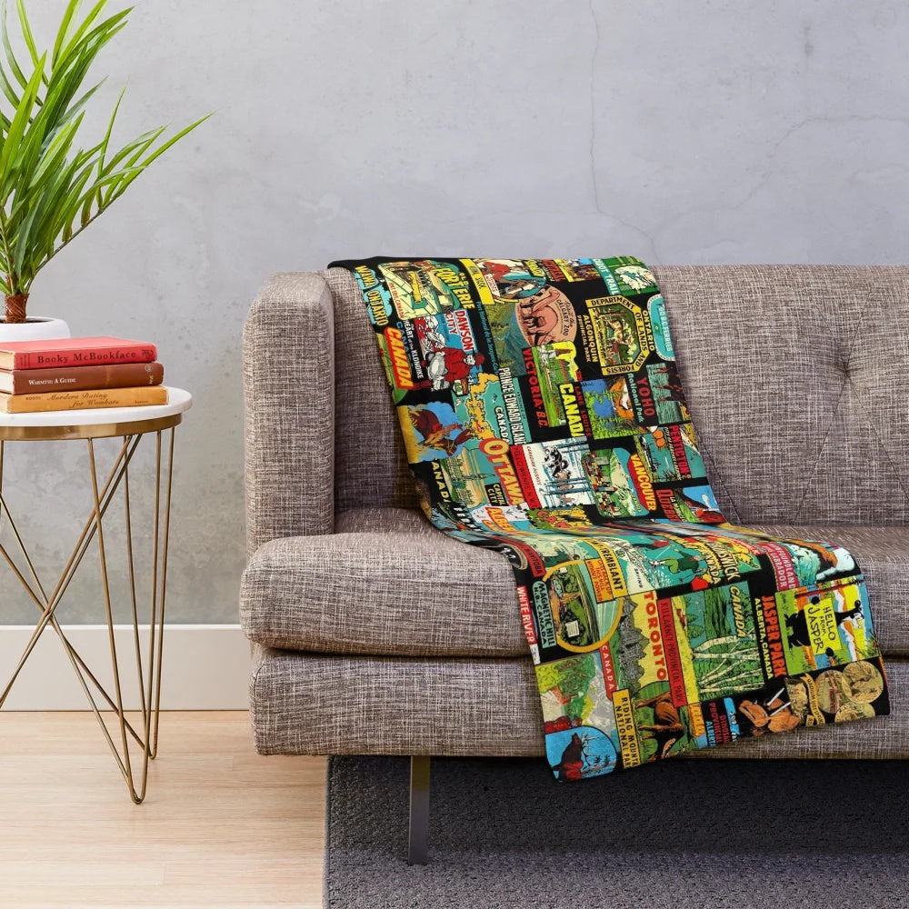 Sticker bomb pattern plush blanket with vintage Canada travel imagery