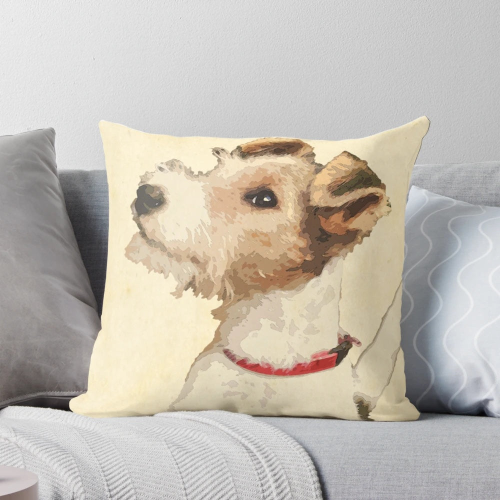 Vintage-style illustration of a wire-haired terrier dog on a decorative pillow