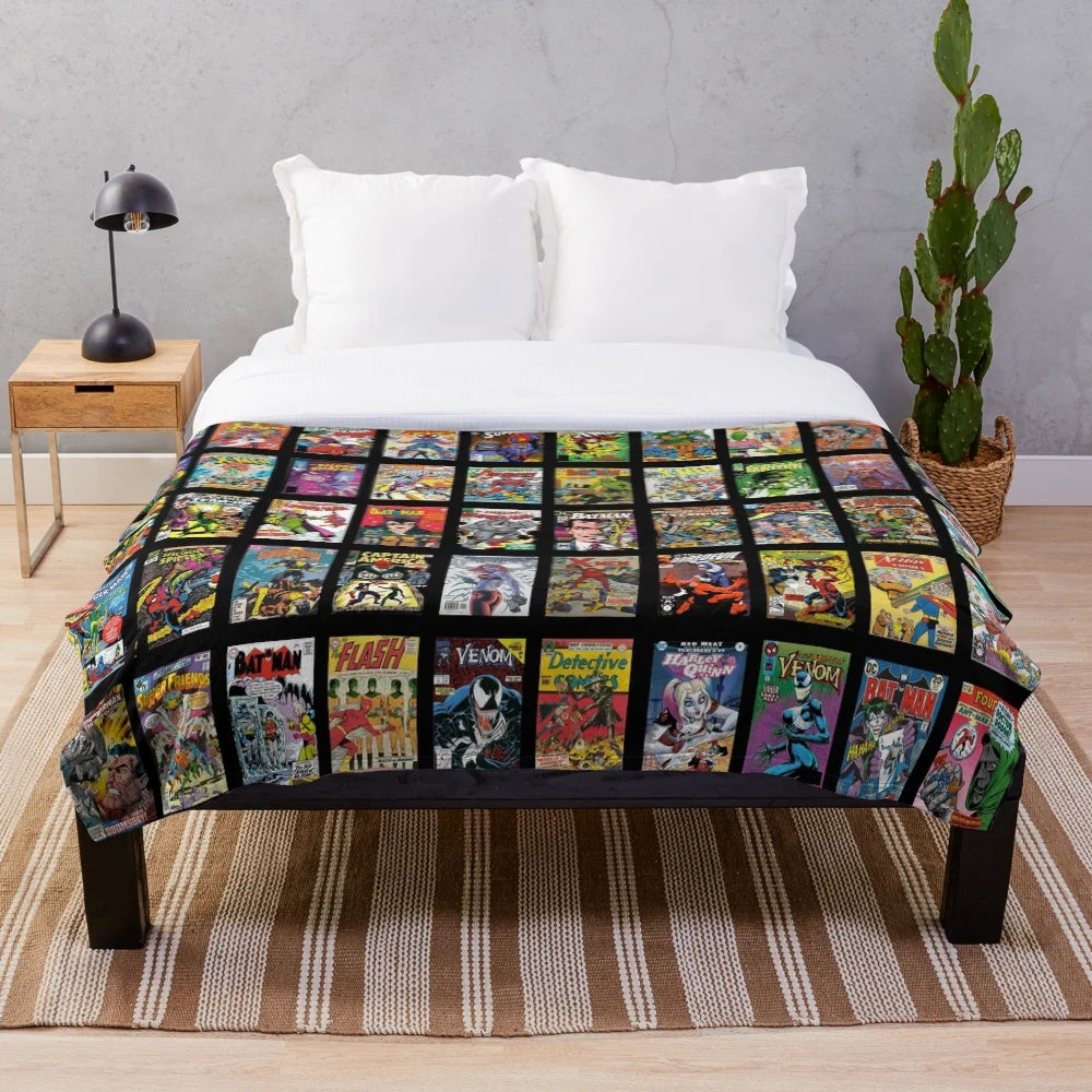 Vintage superhero and comic book villain retro pattern plush blanket