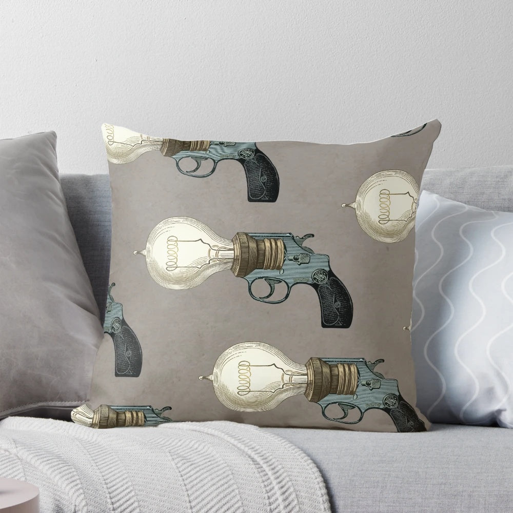 Vintage collage-style pillow with 'Tariff Deficit' text and surrealist imagery